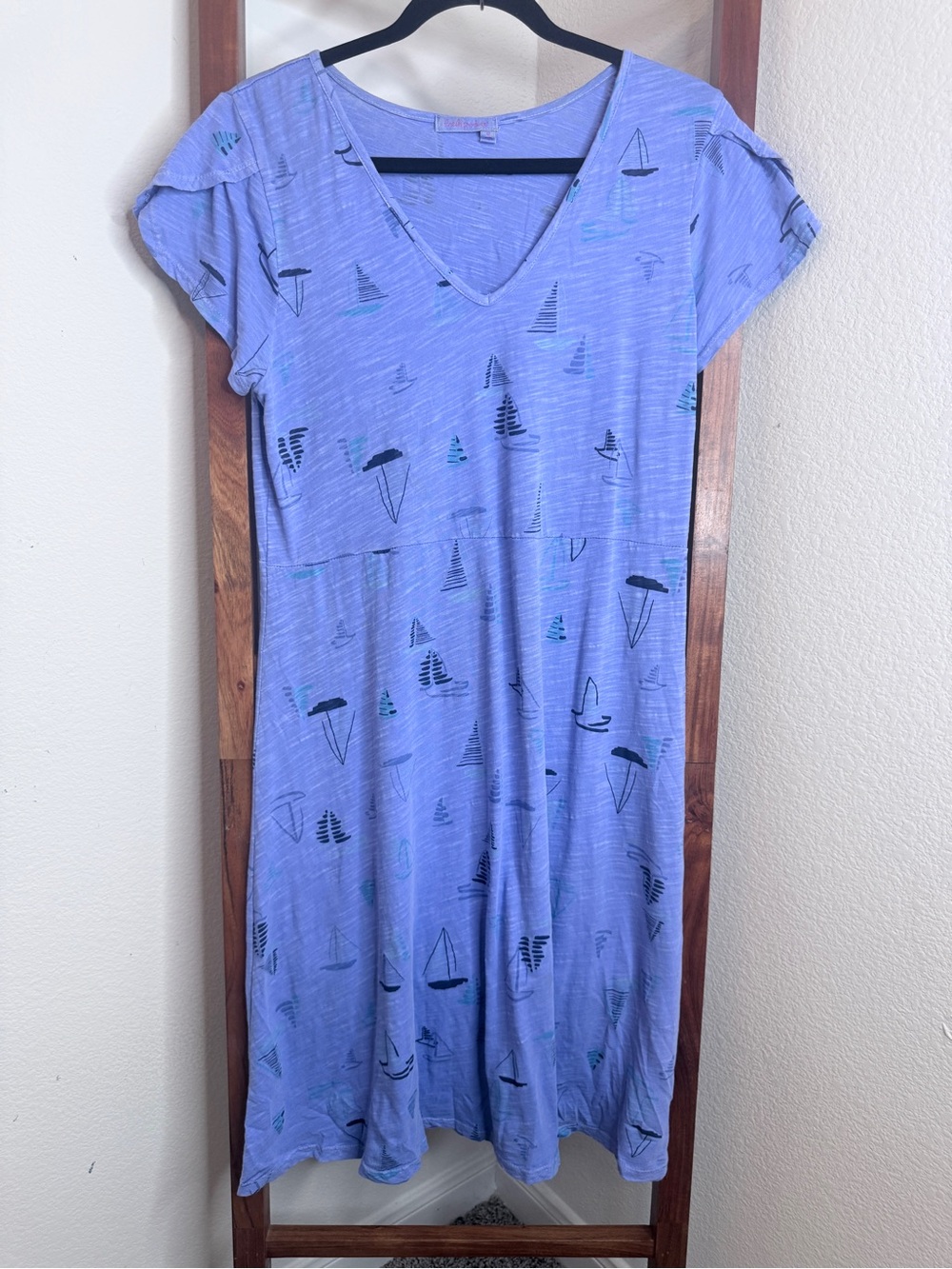 Fresh Produce Amelia Blue Sailboat Print Cotton Midi Dress Size M Made USA